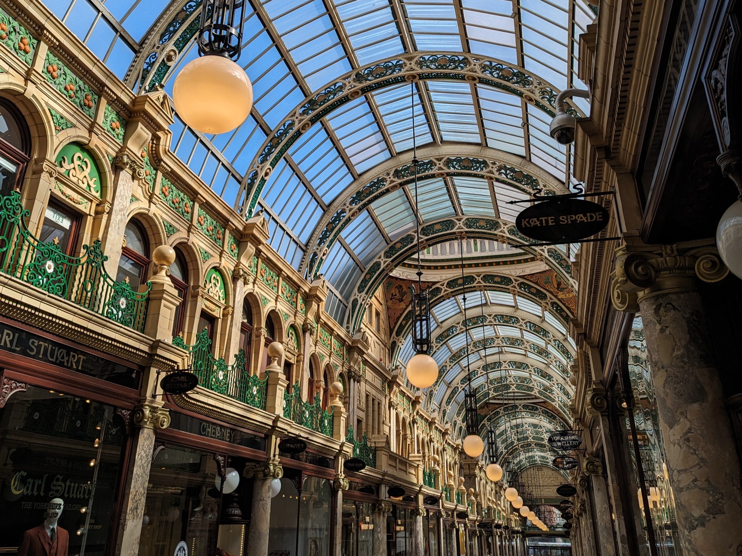 The County Arcade glass and iron ceiling, and ornate Victorian decor